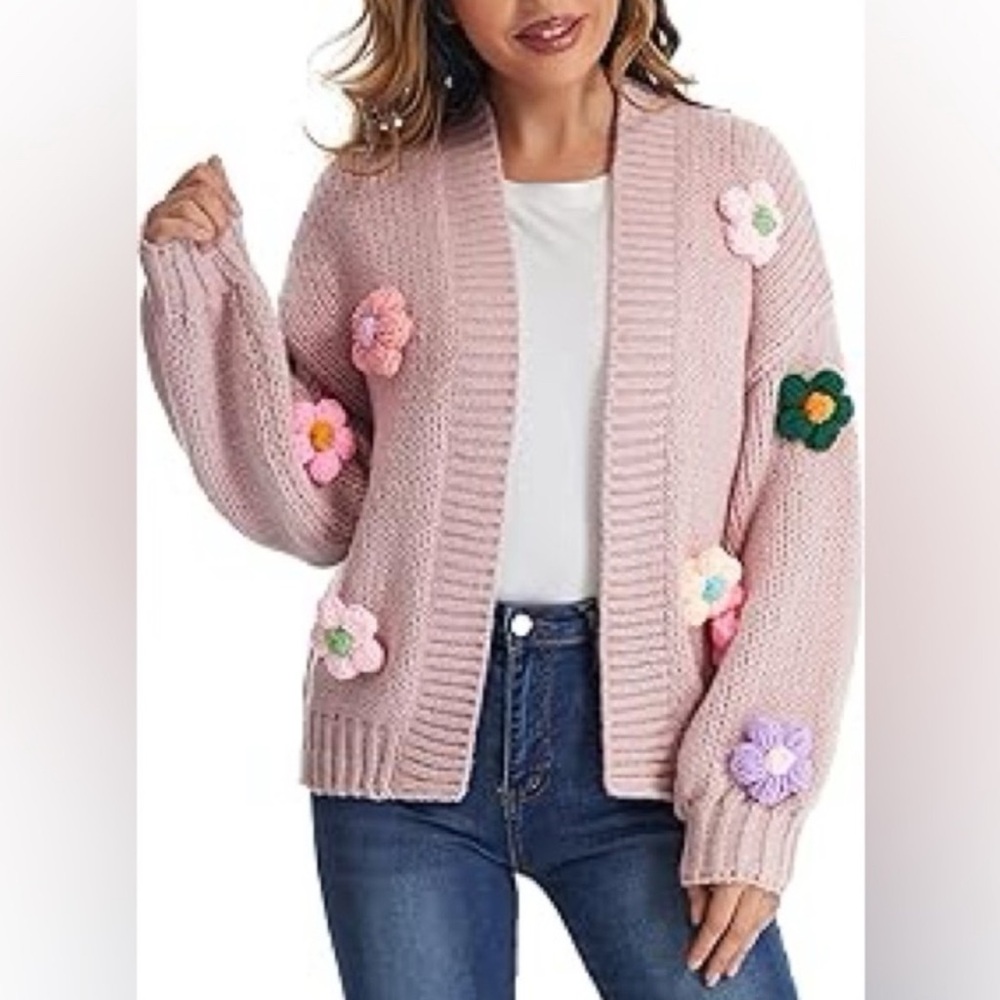 NWT Anthropologie + Duchamp Pink Cardigan with 3D Floral Accents
